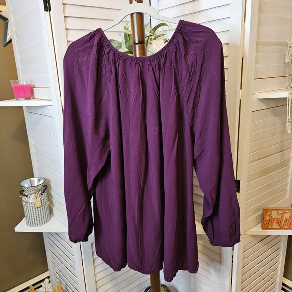 ellos Tie Neck Peasant Tunic, Plus Size 2X 26/28, Plum - Picture 4 of 9